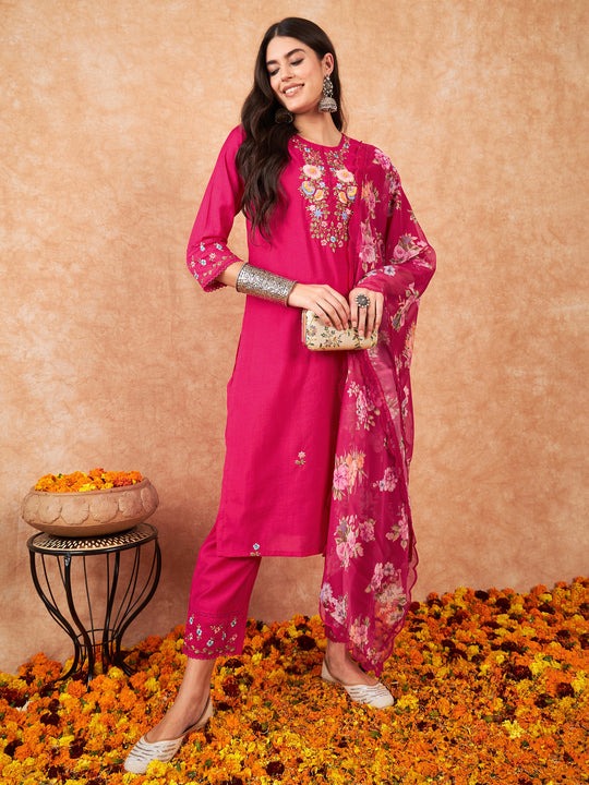 Elegant Embroidered Viscose Chanderi Salwar | Organza Dupatta for Festive Wear