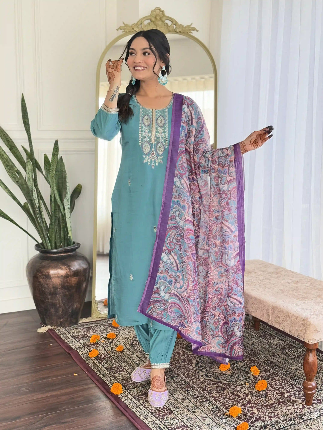 Sky Blue Viscose Chanderi Salwar Kameez | Linen Dupatta Embroidered Design