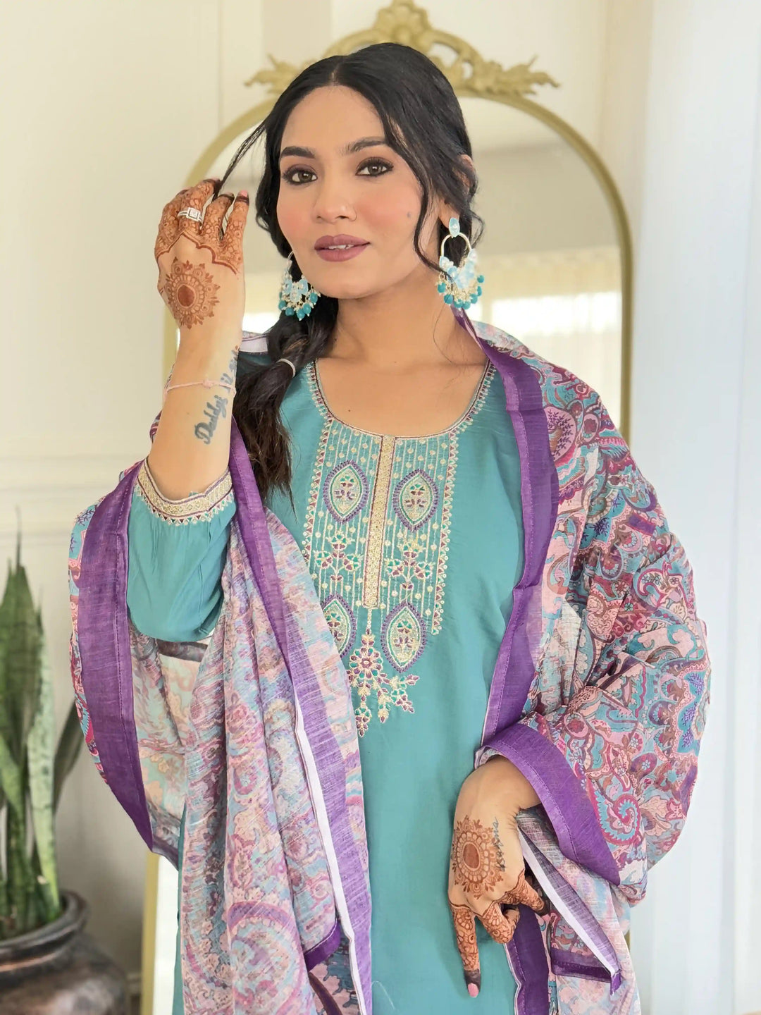 Sky Blue Viscose Chanderi Salwar Kameez | Linen Dupatta Embroidered Design