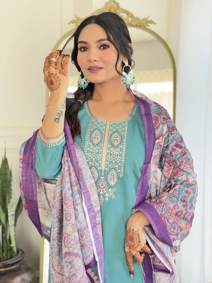 Sky Blue Viscose Chanderi Salwar Kameez | Linen Dupatta Embroidered Design