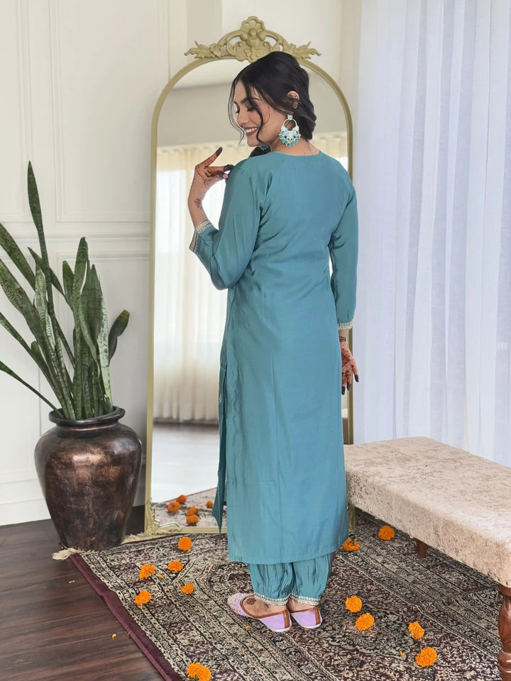 Sky Blue Viscose Chanderi Salwar Kameez | Linen Dupatta Embroidered Design
