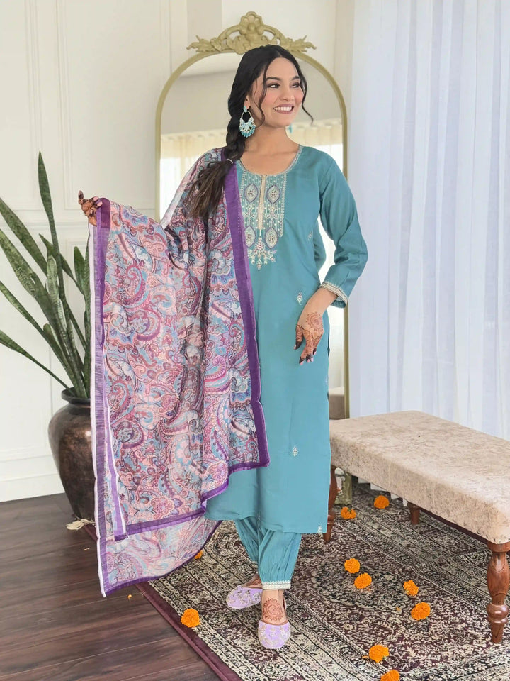 Sky Blue Viscose Chanderi Salwar Kameez | Linen Dupatta Embroidered Design