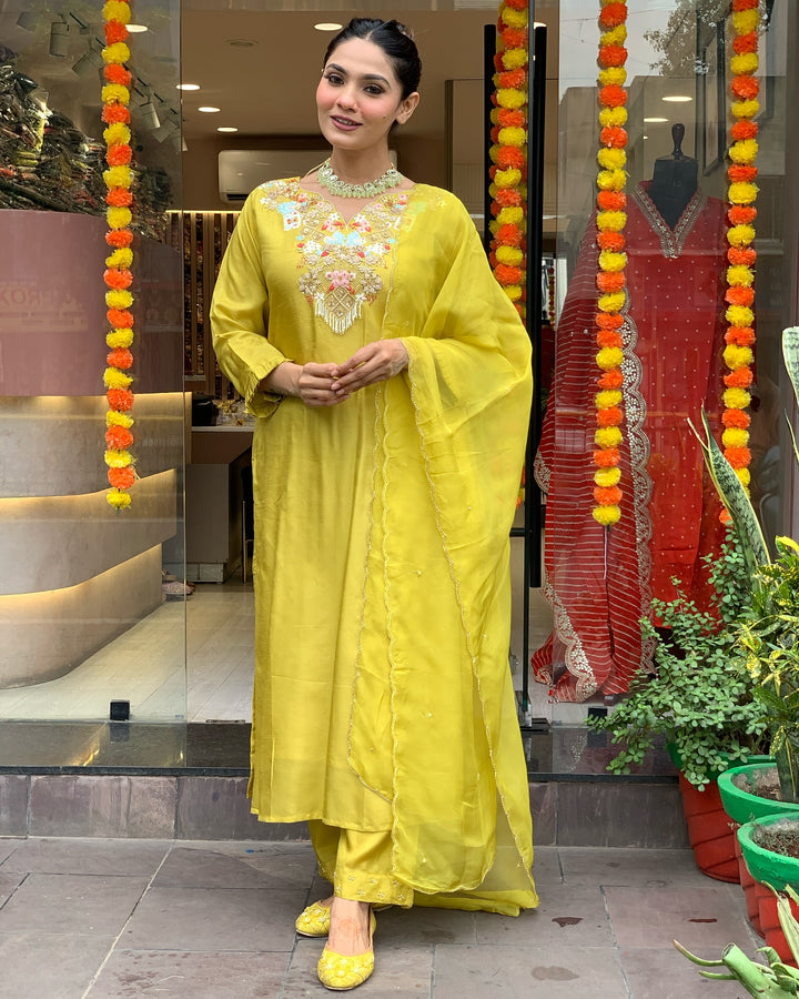 Elegant Lemon Yellow Chanderi Silk Set | Designer Embroidery Work Organza Dupatta