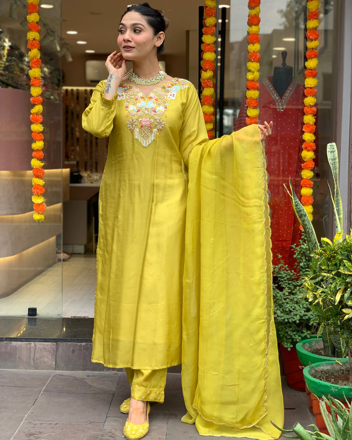 Elegant Lemon Yellow Chanderi Silk Set | Designer Embroidery Work Organza Dupatta