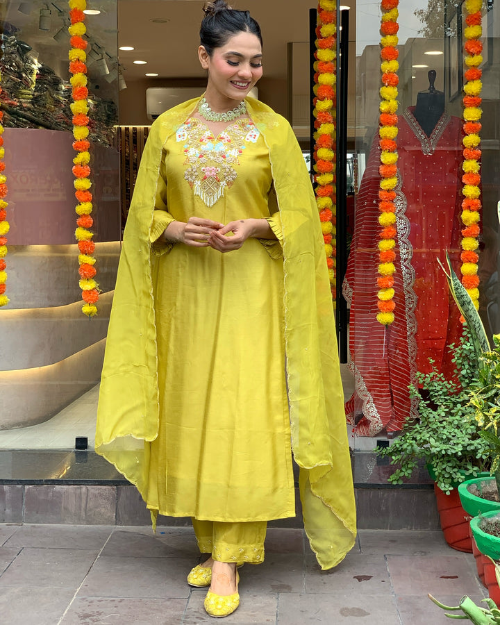 Elegant Lemon Yellow Chanderi Silk Set | Designer Embroidery Work Organza Dupatta