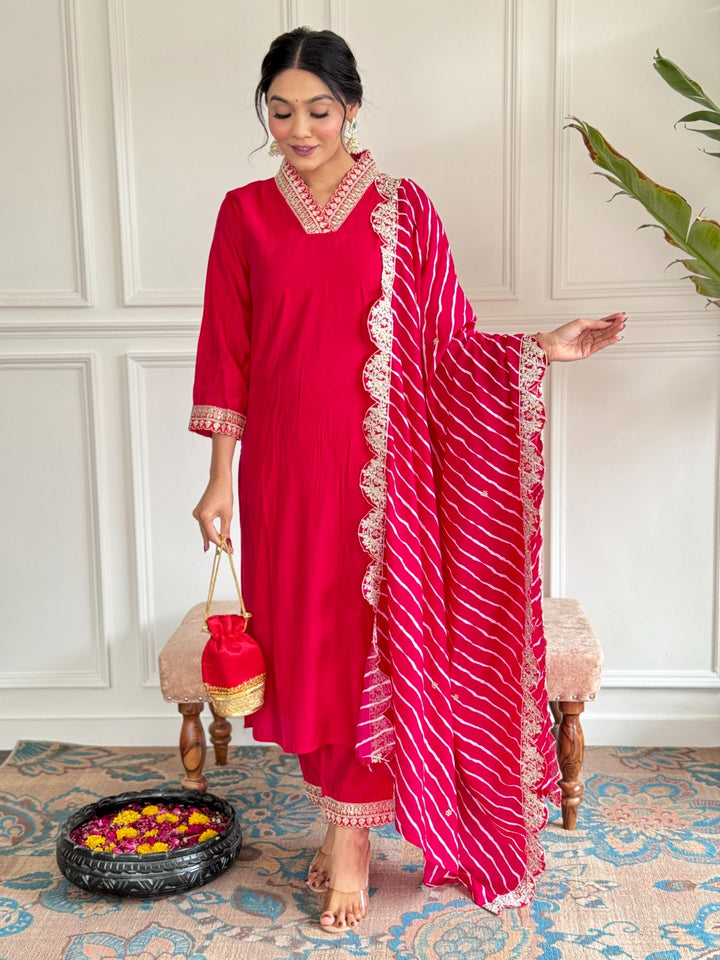 Rani pink Muslin Dupatta with Designer Embroidery | Chanderi Silk Top & Bottom Set