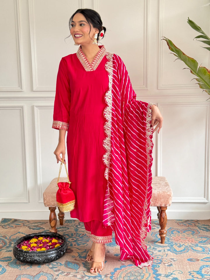 Rani pink Muslin Dupatta with Designer Embroidery | Chanderi Silk Top & Bottom Set