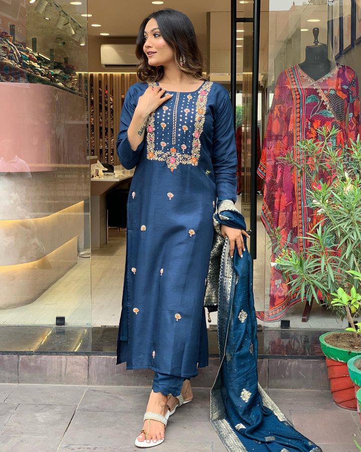 Classic Navy Viscose Rayon Salwar Suit | Beautiful Embroidery Work