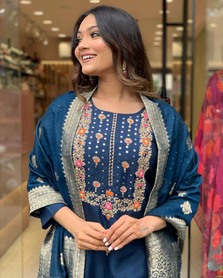 Classic Navy Viscose Rayon Salwar Suit | Beautiful Embroidery Work