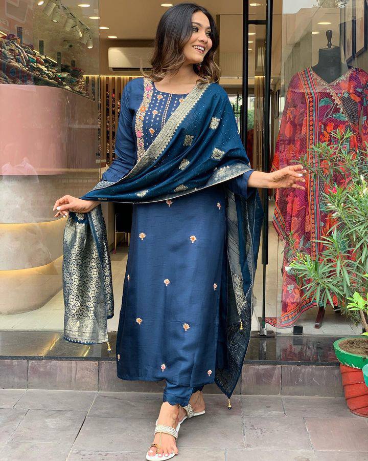 Classic Navy Viscose Rayon Salwar Suit | Beautiful Embroidery Work
