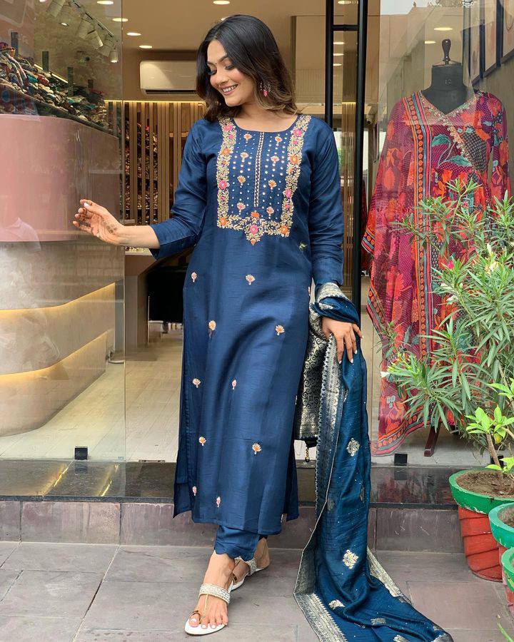 Classic Navy Viscose Rayon Salwar Suit | Beautiful Embroidery Work