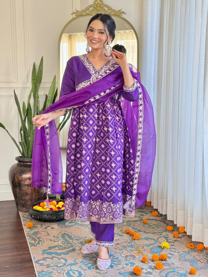 Violet Chanderi Silk Top | Designer Embroidery Work Organza Dupatta