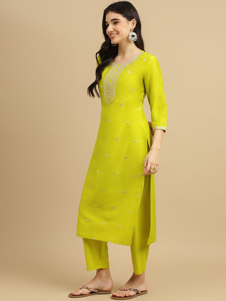 Beautiful Lime Chinon Suit Set | Embroidery & Printed Work with Organza Dupatta
