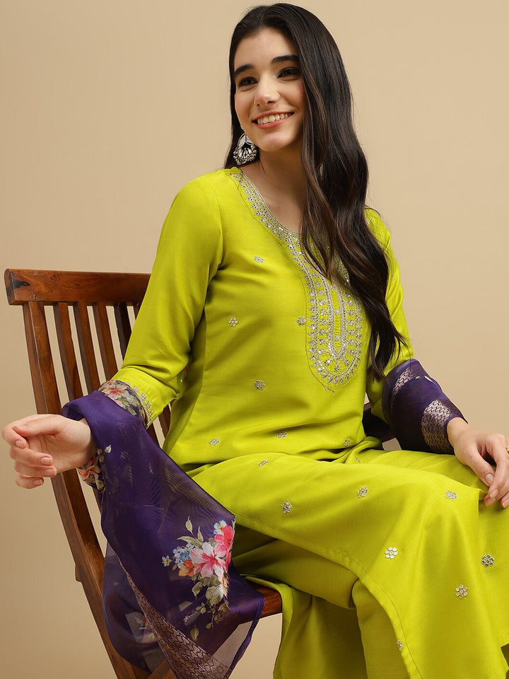 Beautiful Lime Chinon Suit Set | Embroidery & Printed Work with Organza Dupatta