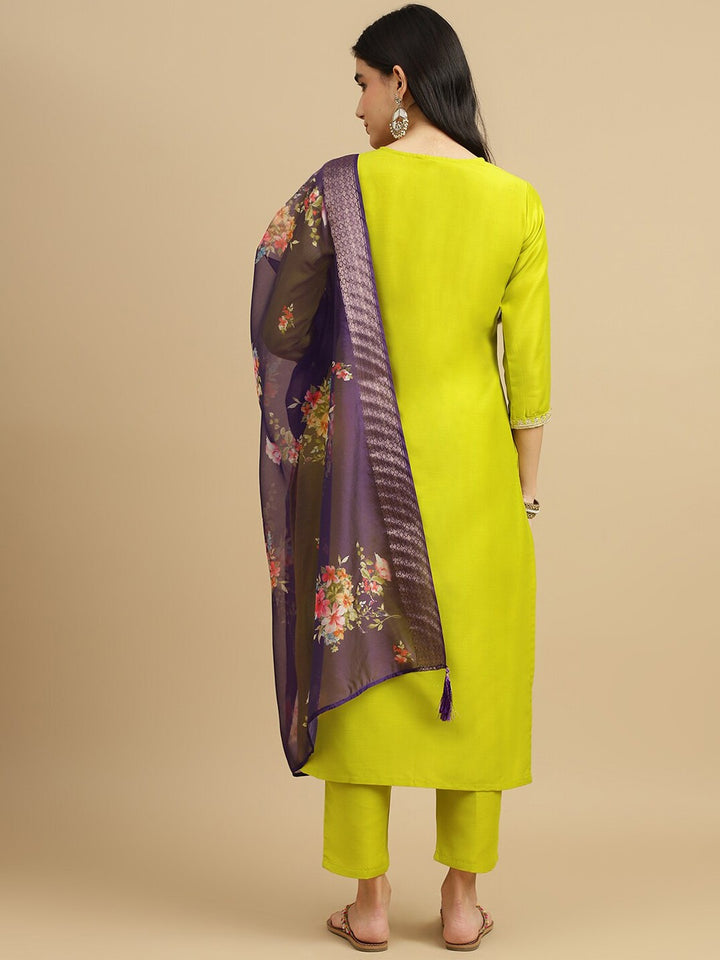 Beautiful Lime Chinon Suit Set | Embroidery & Printed Work with Organza Dupatta