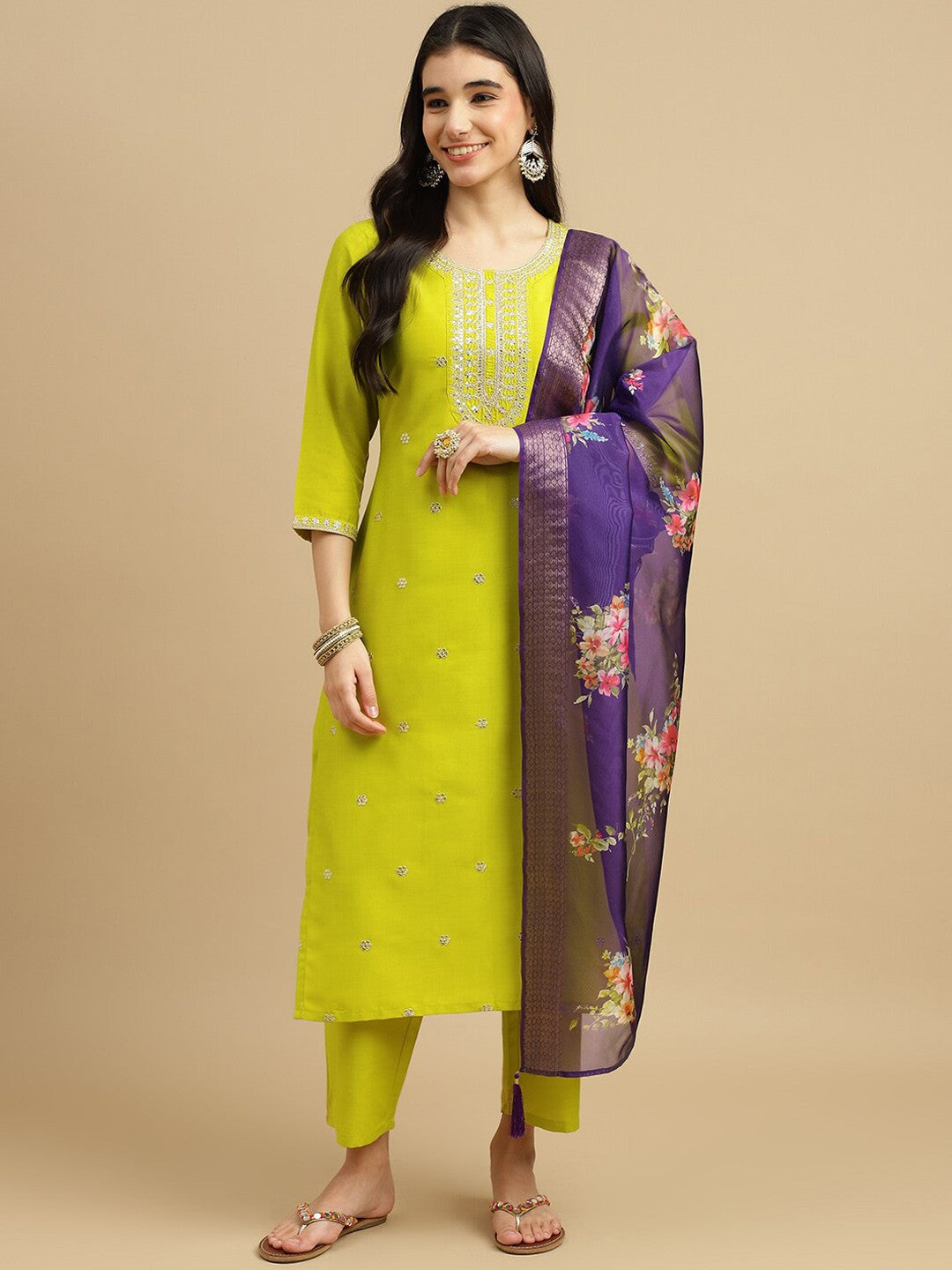 Beautiful Lime Chinon Suit Set | Embroidery & Printed Work with Organza Dupatta