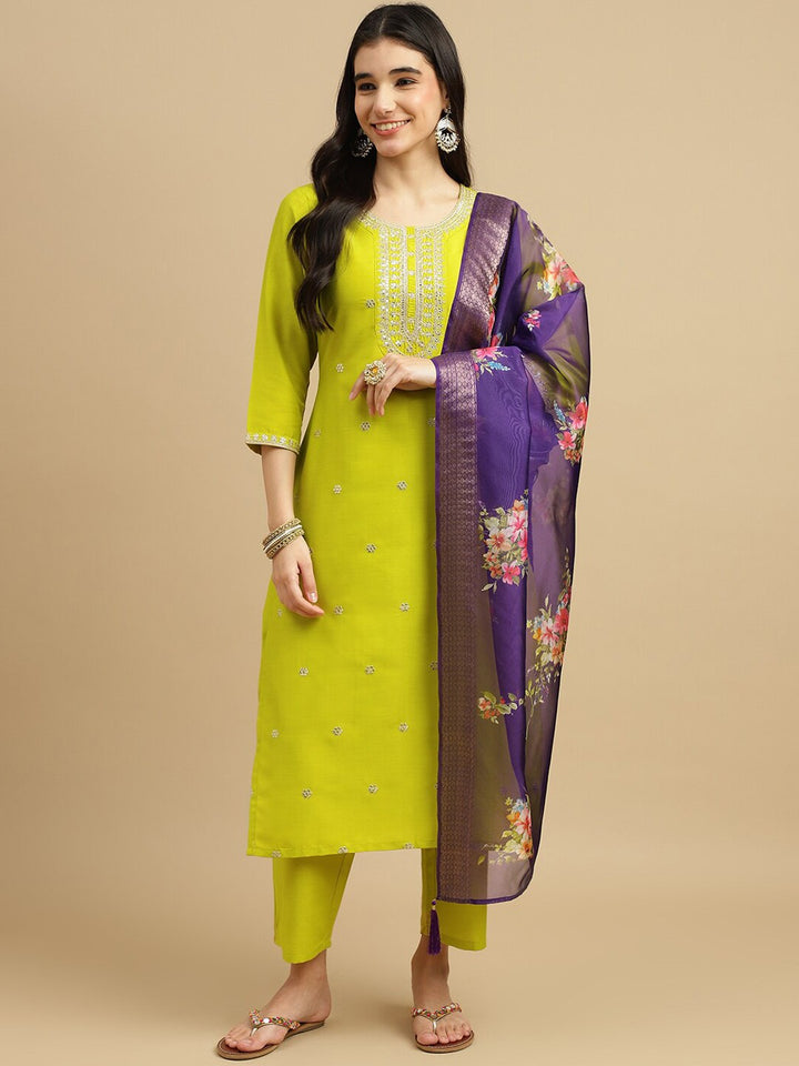 Beautiful Lime Chinon Suit Set | Embroidery & Printed Work with Organza Dupatta