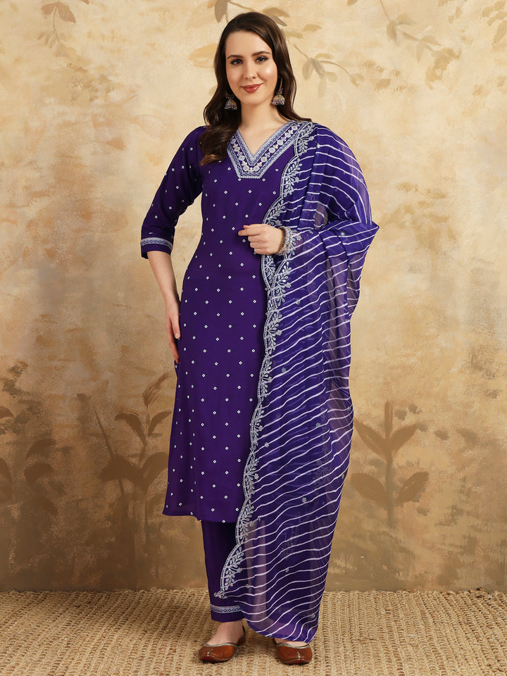 Stylish Purple Chanderi Silk Salwar Suit | Embroidery & Printed with Silk Dupatta