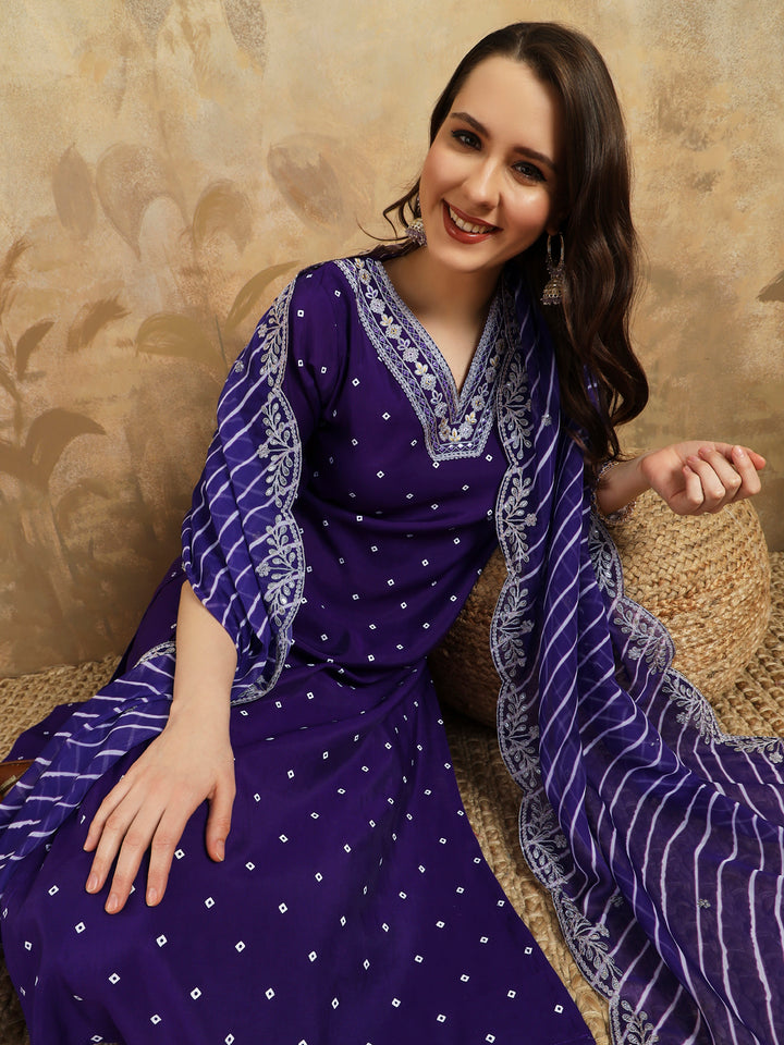 Stylish Purple Chanderi Silk Salwar Suit | Embroidery & Printed with Silk Dupatta
