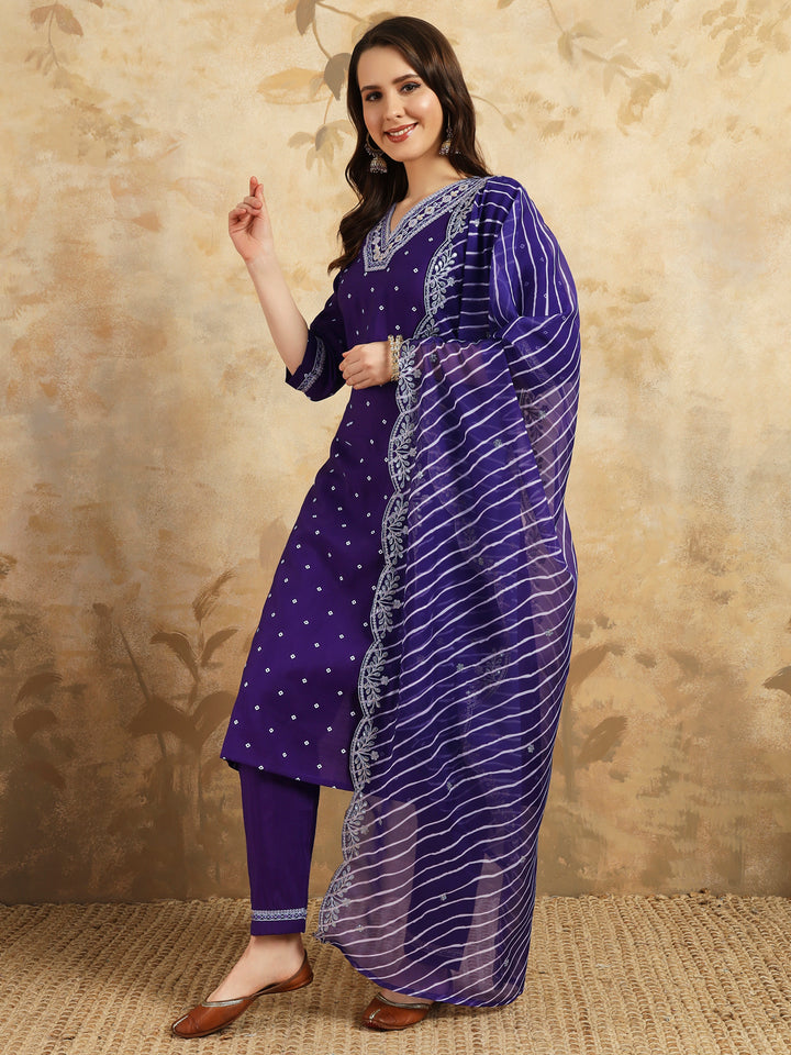 Stylish Purple Chanderi Silk Salwar Suit | Embroidery & Printed with Silk Dupatta
