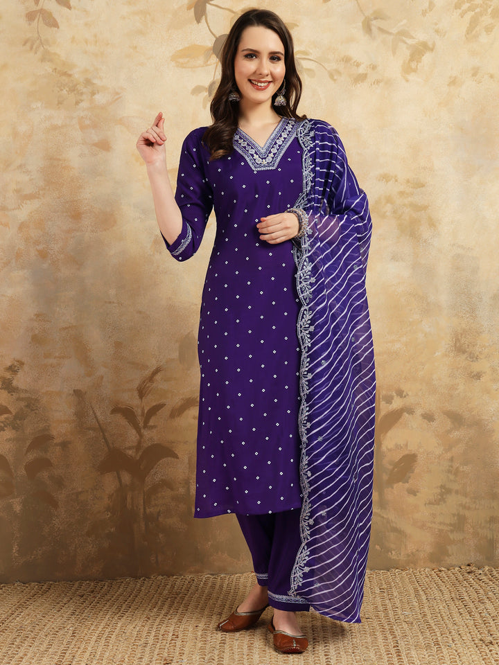 Stylish Purple Chanderi Silk Salwar Suit | Embroidery & Printed with Silk Dupatta