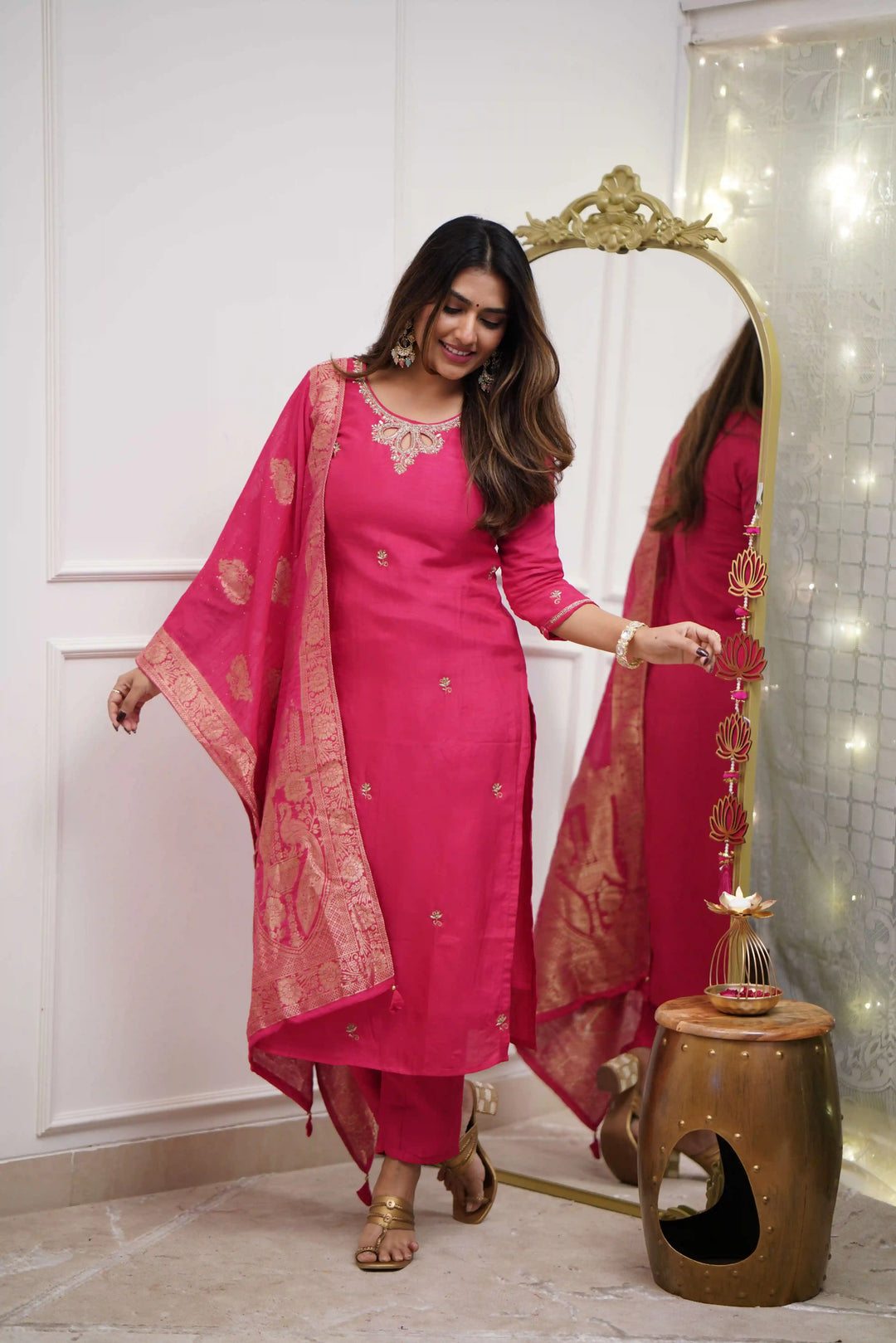 Gajri Embroidered Salwar Suit | Viscose Chanderi with Jacquard Dupatta