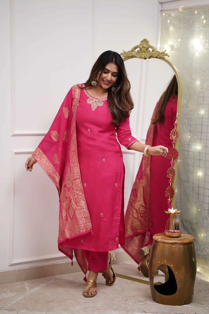 Gajri Embroidered Salwar Suit | Viscose Chanderi with Jacquard Dupatta