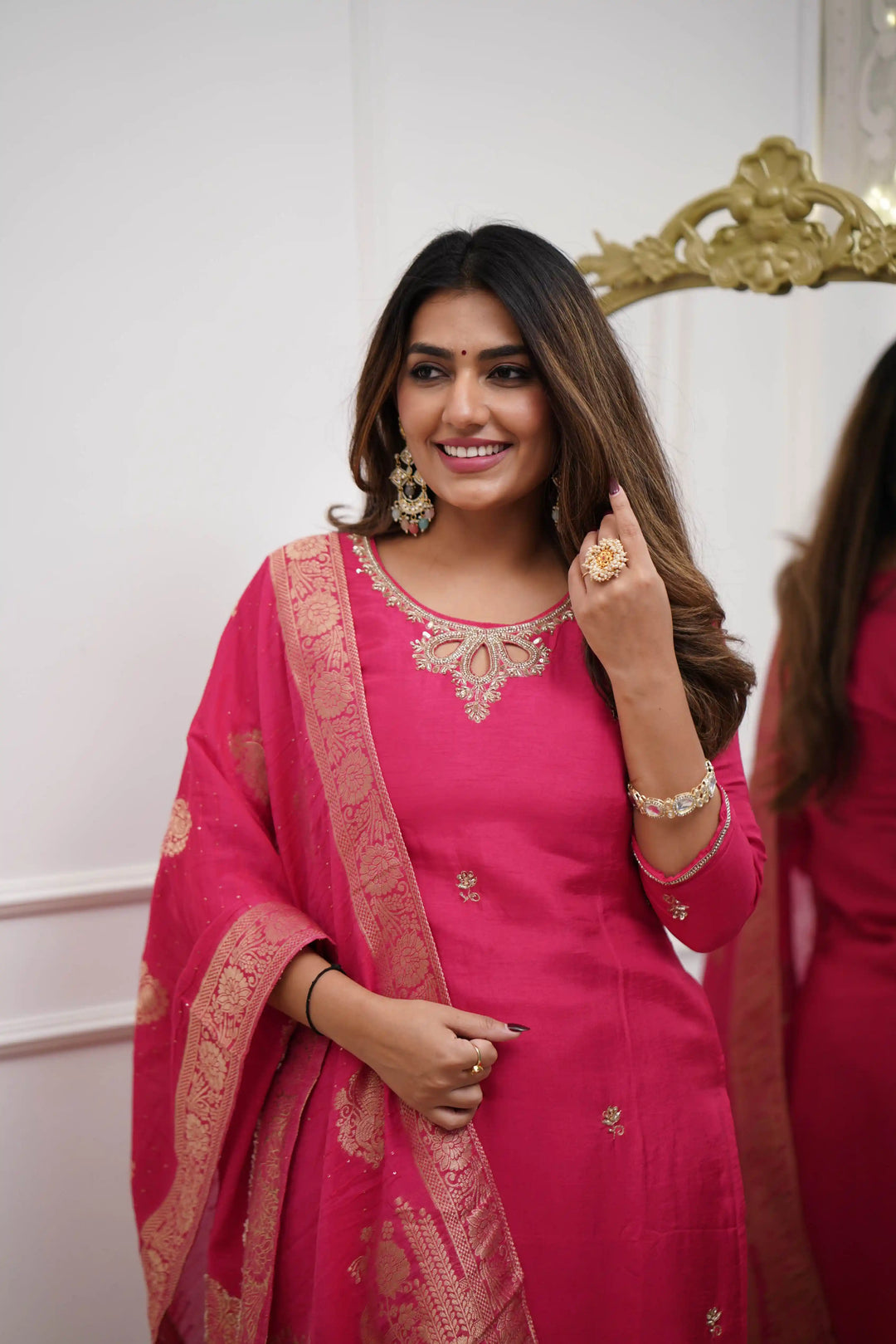 Gajri Embroidered Salwar Suit | Viscose Chanderi with Jacquard Dupatta