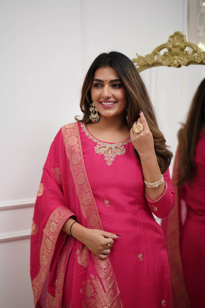 Gajri Embroidered Salwar Suit | Viscose Chanderi with Jacquard Dupatta