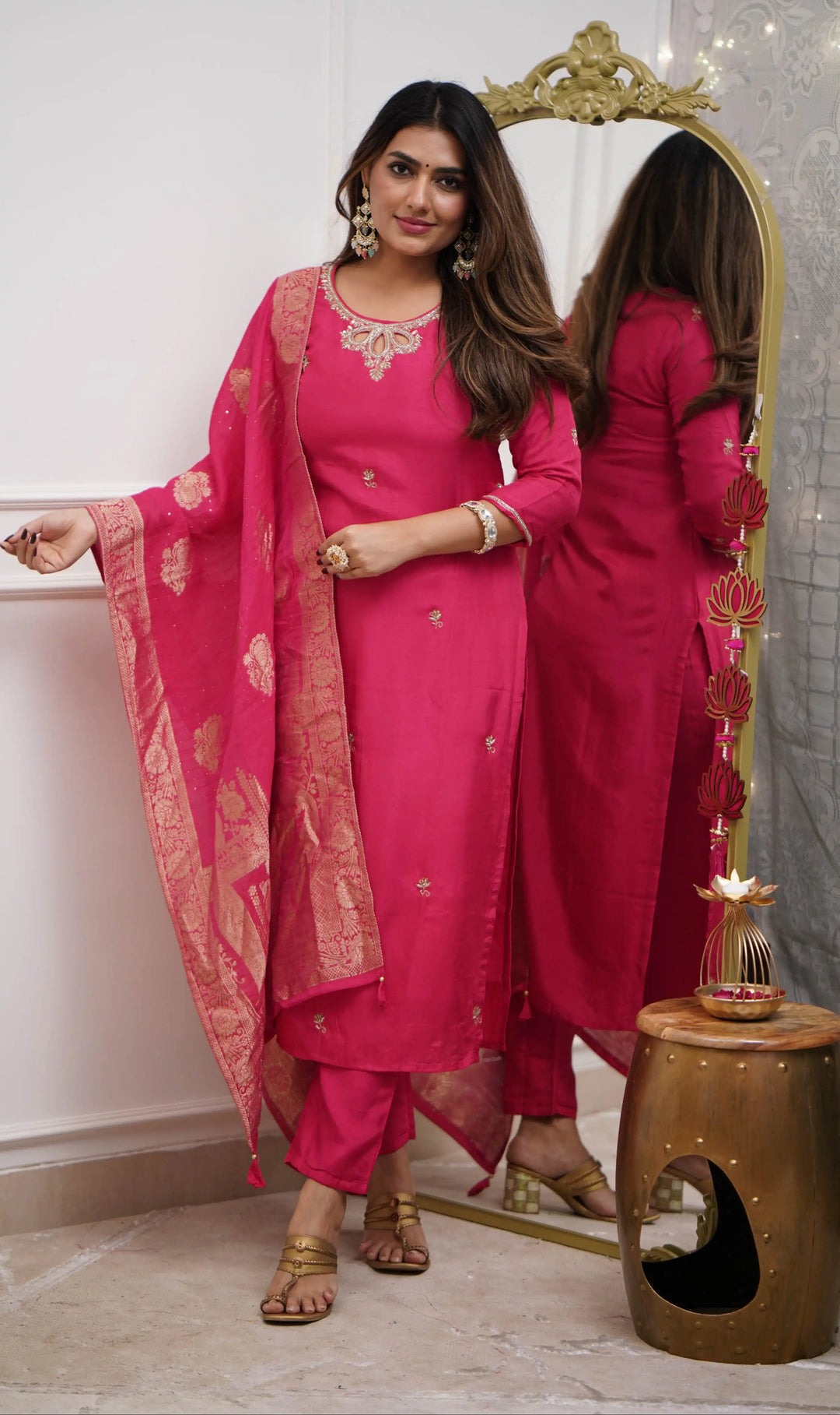 Gajri Embroidered Salwar Suit | Viscose Chanderi with Jacquard Dupatta