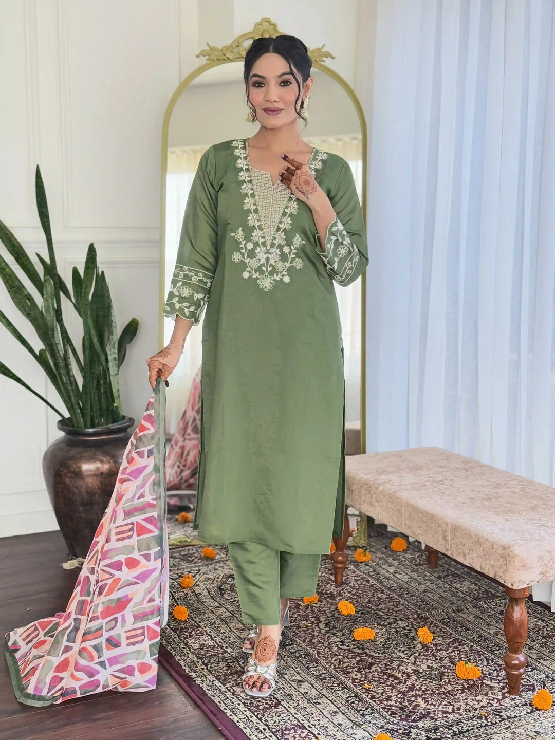 Premium Viscose Chanderi Salwar Suit | Pista Green Embroidery Design
