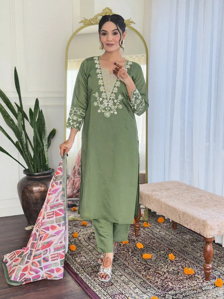 Premium Viscose Chanderi Salwar Suit | Pista Green Embroidery Design