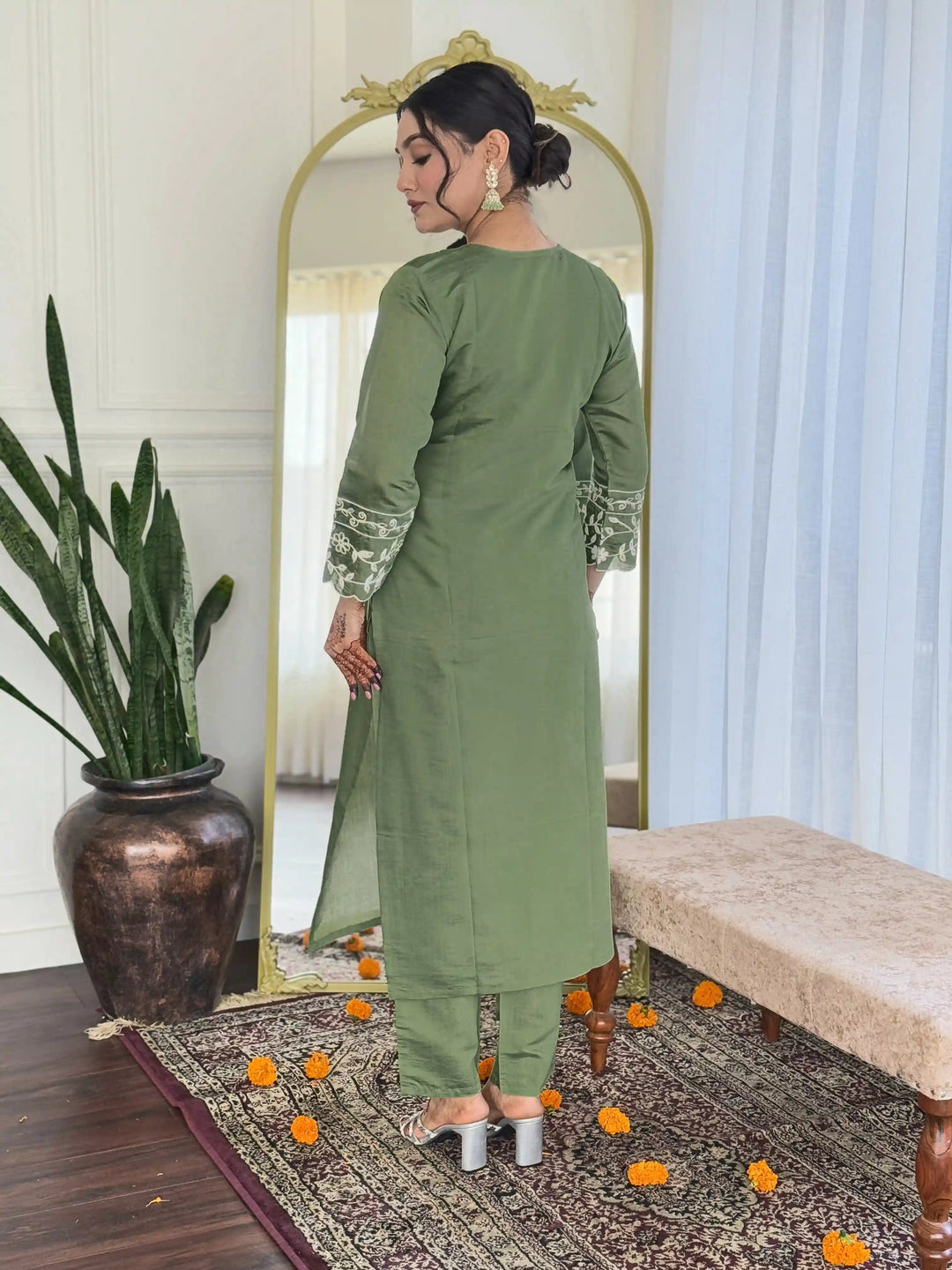 Premium Viscose Chanderi Salwar Suit | Pista Green Embroidery Design