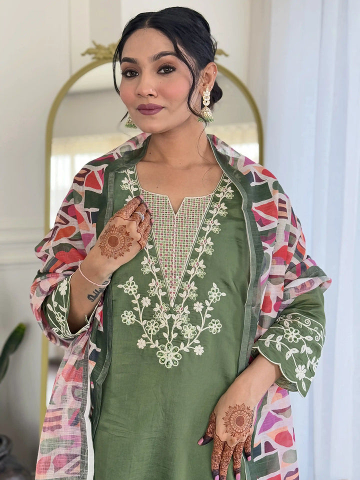 Premium Viscose Chanderi Salwar Suit | Pista Green Embroidery Design