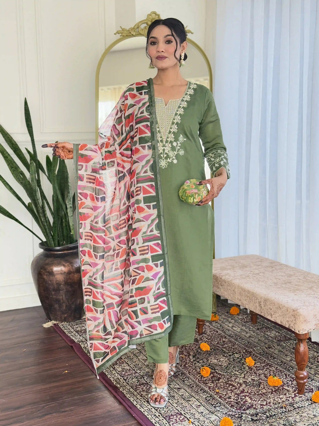 Premium Viscose Chanderi Salwar Suit | Pista Green Embroidery Design