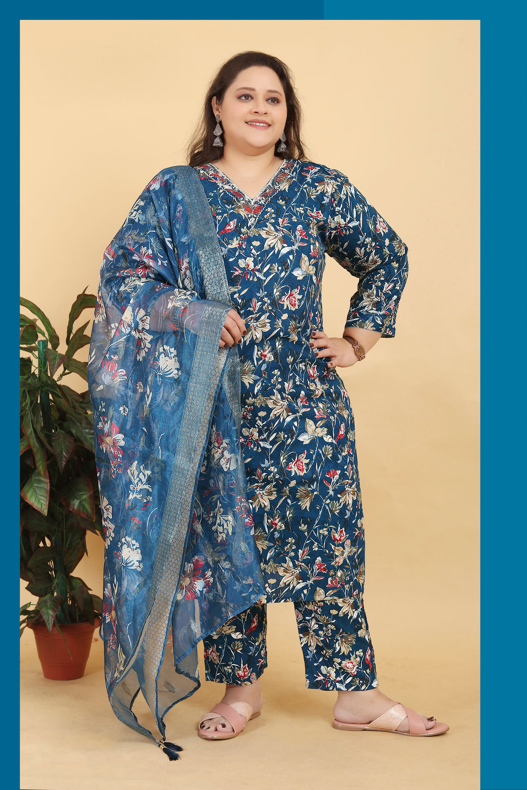 Elegant Blue Rayon Suit Set | Organza Dupatta Hand Work  Digital Printed