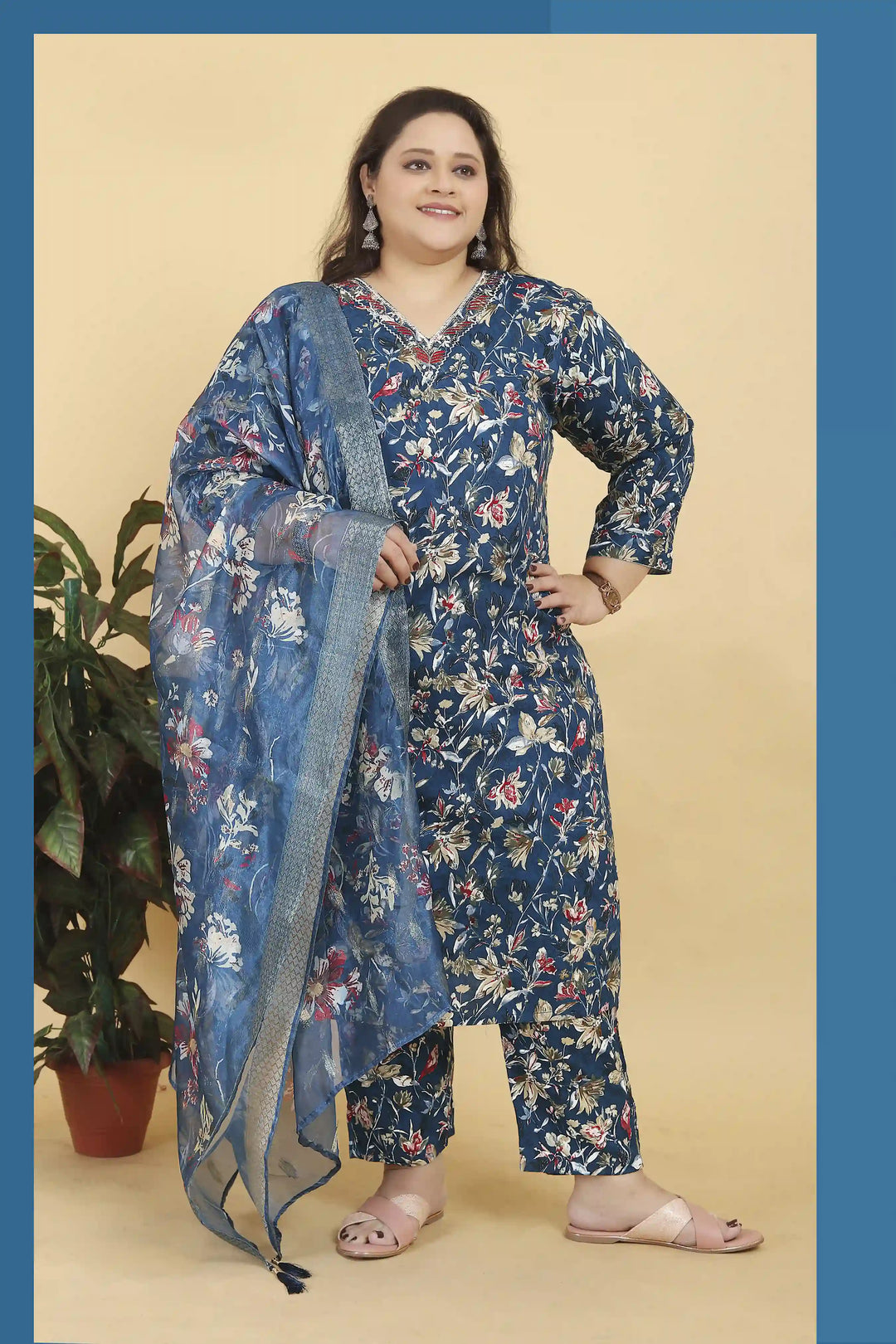 Elegant Blue Rayon Suit Set | Organza Dupatta Hand Work  Digital Printed