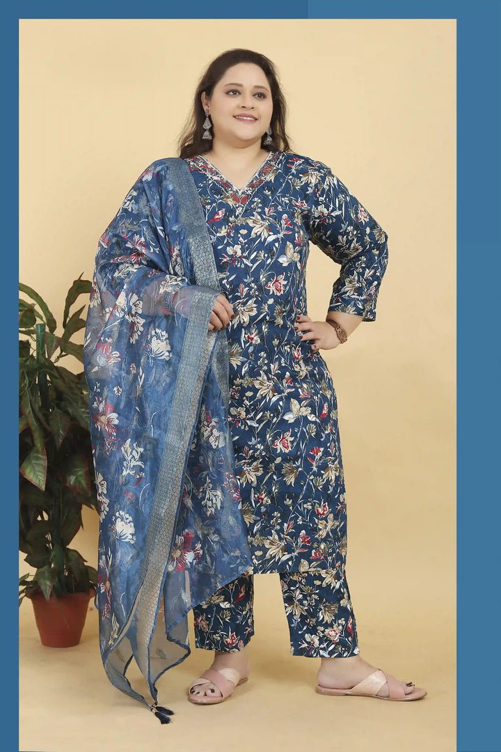 Elegant Blue Rayon Suit Set | Organza Dupatta Hand Work  Digital Printed