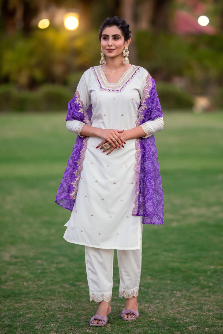 Elegant White Roman Salwar Silk Suit | Designer Embroidery Festive & Wedding
