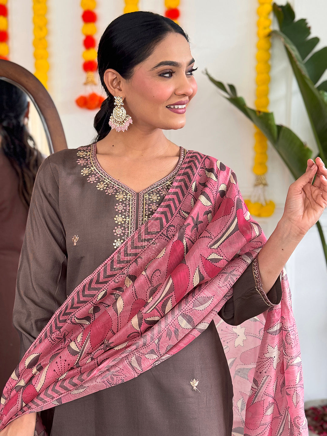 Gary Chanderi Viscose Salwar Suit | Embroidery & Printed Linen Dupatta