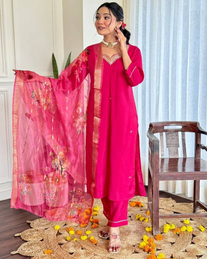 Traditional Rani Pink Salwar Suit | Chanderi Viscose with Jacquard Silk