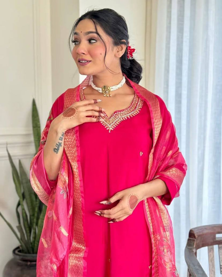 Traditional Rani Pink Salwar Suit | Chanderi Viscose with Jacquard Silk