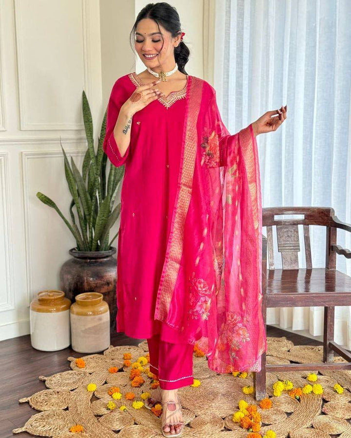 Traditional Rani Pink Salwar Suit | Chanderi Viscose with Jacquard Silk