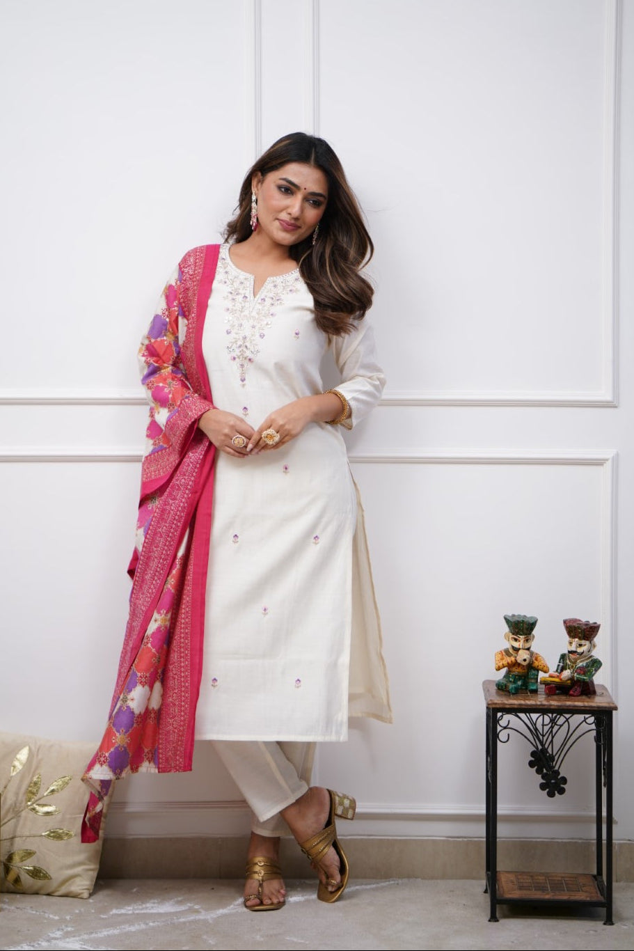 Designer Chanderi Salwar Suit | Embroidery & Printed Festive Wear
