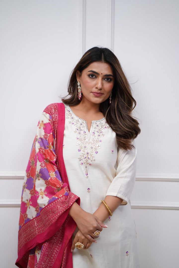 Designer Chanderi Salwar Suit | Embroidery & Printed Festive Wear