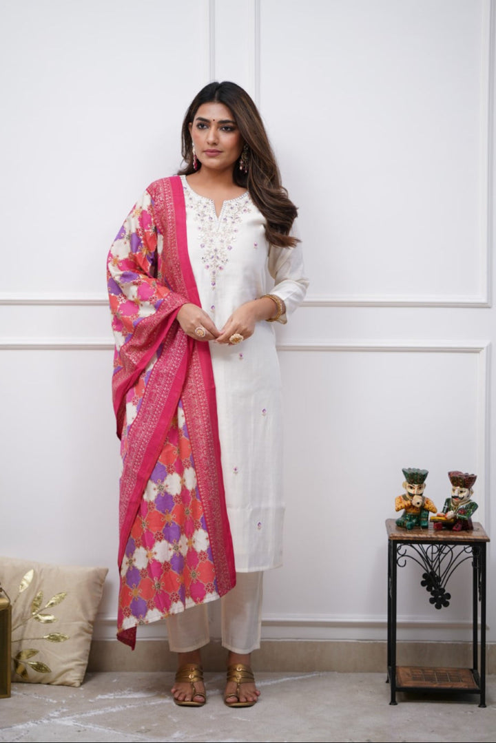 Designer Chanderi Salwar Suit | Embroidery & Printed Festive Wear