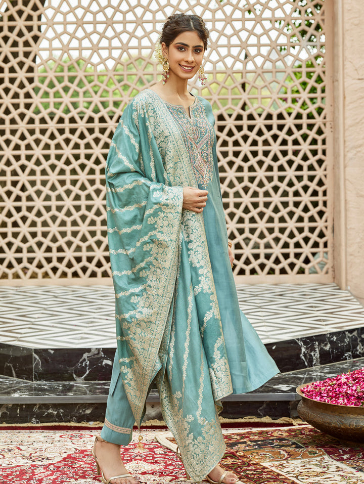 Light Sky Blue Chanderi Suit | Embroidered Salwar Set with Dupatta Festive Wear