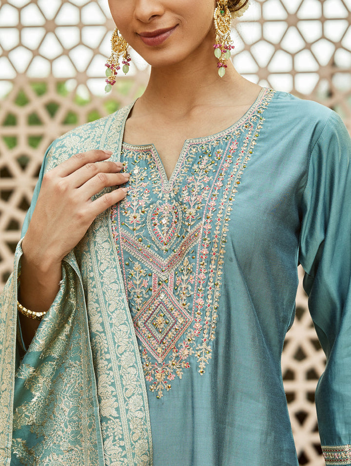 Light Sky Blue Chanderi Suit | Embroidered Salwar Set with Dupatta Festive Wear