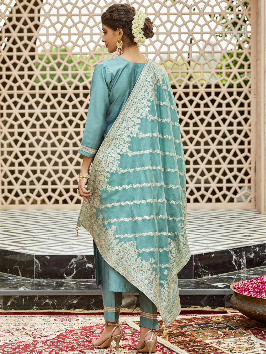 Light Sky Blue Chanderi Suit | Embroidered Salwar Set with Dupatta Festive Wear
