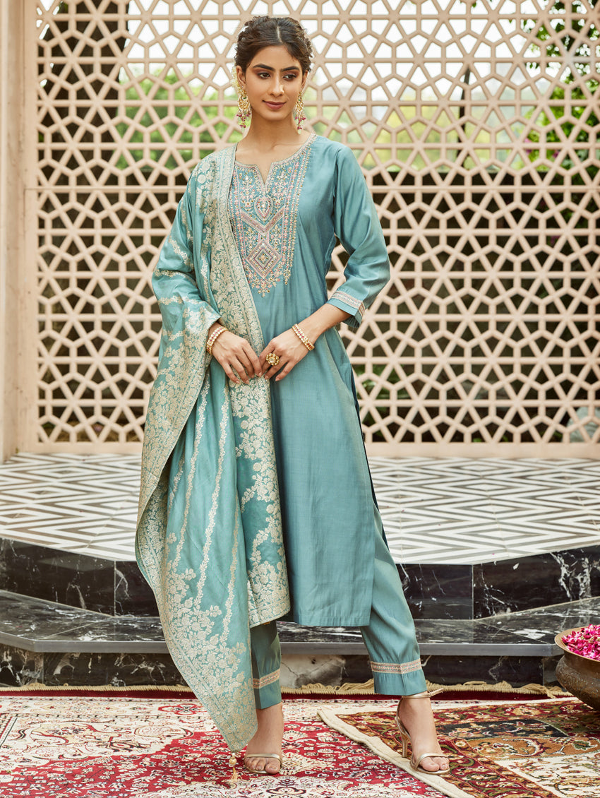 Light Sky Blue Chanderi Suit | Embroidered Salwar Set with Dupatta Festive Wear
